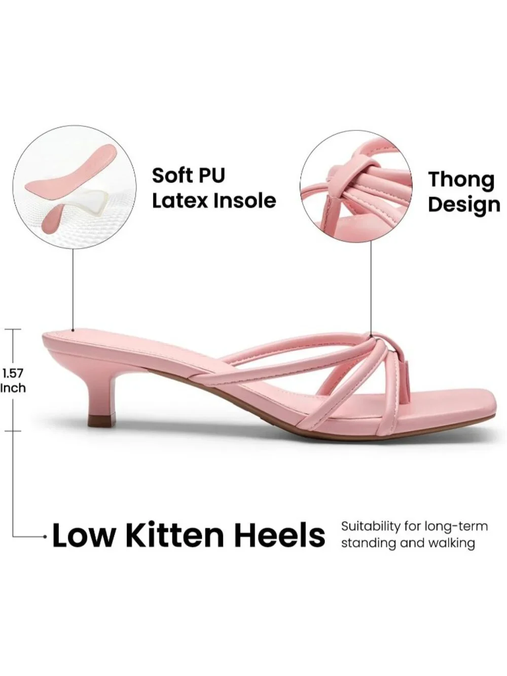 Athlefit Women's Pink Polyurethane Kitten Square Toe Strappy Flip Flop Low Heel